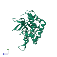 PDB entry 1pb7 coloured by chain, side view.