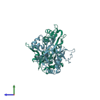 PDB entry 1pbq coloured by chain, side view.