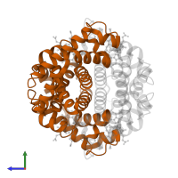 Hemoglobin subunit beta in PDB entry 1pbx, assembly 1, side view.