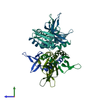 PDB entry 1pcf coloured by chain, side view.