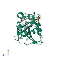 PDB entry 1pd8 coloured by chain, side view.