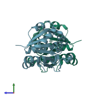 PDB entry 1pe0 coloured by chain, side view.