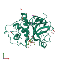 PDB entry 1pe6 coloured by chain, front view.