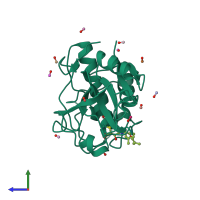 PDB entry 1pe6 coloured by chain, side view.