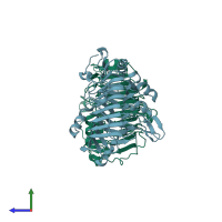 PDB entry 1pe9 coloured by chain, side view.