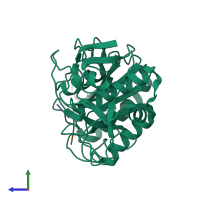 PDB entry 1pek coloured by chain, side view.