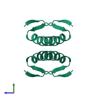 Homo tetrameric assembly 1 of PDB entry 1pet coloured by chemically distinct molecules, side view.