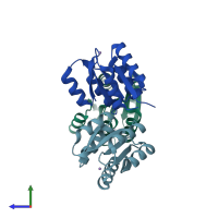 PDB entry 1pey coloured by chain, side view.