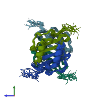 PDB entry 1pfm coloured by chain, ensemble of 15 models, side view.