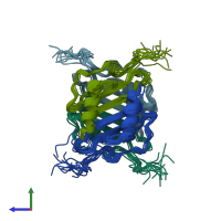 PDB entry 1pfn coloured by chain, ensemble of 12 models, side view.