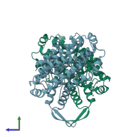 PDB entry 1pfr coloured by chain, side view.