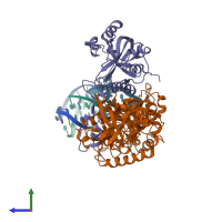 PDB entry 1ph1 coloured by chain, side view.