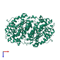 Homo dimeric assembly 1 of PDB entry 1piy coloured by chemically distinct molecules, top view.