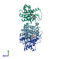 PDB entry 1pk9 coloured by chain, side view.