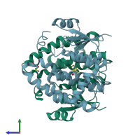 PDB entry 1pkz coloured by chain, side view.