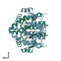 PDB entry 1pl1 coloured by chain, side view.