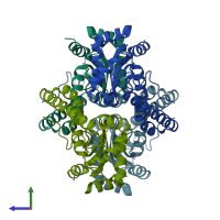 PDB entry 1pl4 coloured by chain, side view.