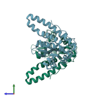 PDB entry 1pm9 coloured by chain, side view.