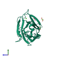 PDB entry 1pmj coloured by chain, side view.