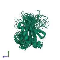 PDB entry 1pms coloured by chain, ensemble of 20 models, side view.