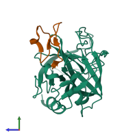 Hetero dimeric assembly 1 of PDB entry 1ppe coloured by chemically distinct molecules, side view.