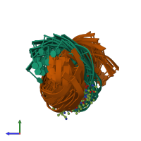 PDB entry 1pqq coloured by chain, ensemble of 21 models, side view.