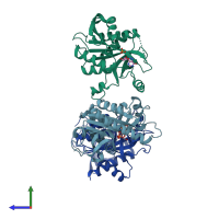 PDB entry 1pr1 coloured by chain, side view.