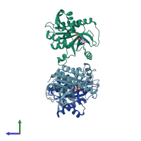 PDB entry 1pr2 coloured by chain, side view.