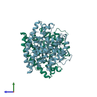 PDB entry 1ps1 coloured by chain, side view.