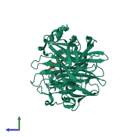 PDB entry 1pt2 coloured by chain, side view.