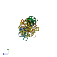 PDB entry 1pt3 coloured by chain, side view.