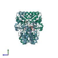 PDB entry 1pt8 coloured by chain, side view.