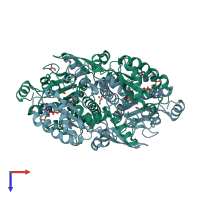 PDB entry 1pt8 coloured by chain, top view.