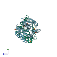 PDB entry 1pui coloured by chain, side view.