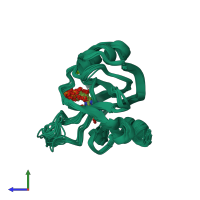 PDB entry 1pus coloured by chain, ensemble of 20 models, side view.