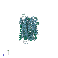 PDB entry 1pv6 coloured by chain, side view.