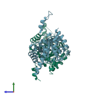 PDB entry 1pv8 coloured by chain, side view.