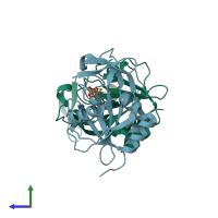 PDB entry 1pvf coloured by chain, side view.