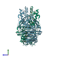 PDB entry 1pvg coloured by chain, side view.