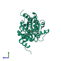 Monomeric assembly 1 of PDB entry 1pwh coloured by chemically distinct molecules, side view.