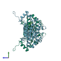 PDB entry 1pwz coloured by chain, side view.