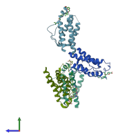 PDB entry 1py2 coloured by chain, side view.