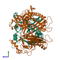 Hetero hexameric assembly 1 of PDB entry 1pya coloured by chemically distinct molecules, side view.