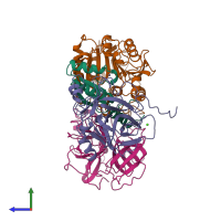PDB entry 1pyt coloured by chain, side view.