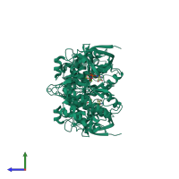 Homo dimeric assembly 1 of PDB entry 1pyx coloured by chemically distinct molecules, side view.