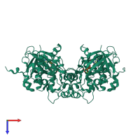 Homo dimeric assembly 1 of PDB entry 1pyx coloured by chemically distinct molecules, top view.