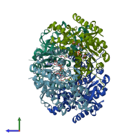 PDB entry 1pzf coloured by chain, side view.