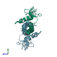 PDB entry 1pzr coloured by chain, ensemble of 7 models, side view.