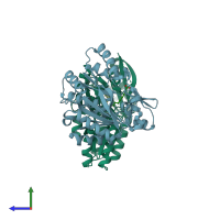 PDB entry 1pzx coloured by chain, side view.