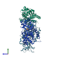PDB entry 1q17 coloured by chain, side view.